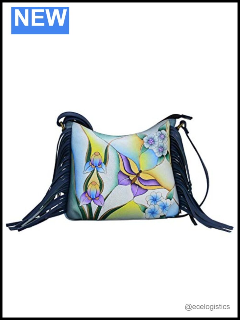 Hand-Painted Leather Fringed Crossbody Bag with Floral Design